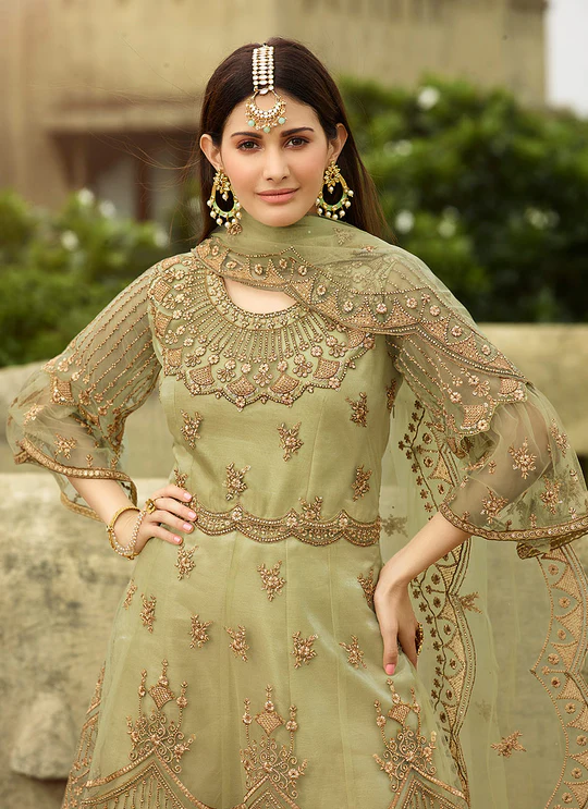 Elegant Olive Green Embroidered Anarkali Suit