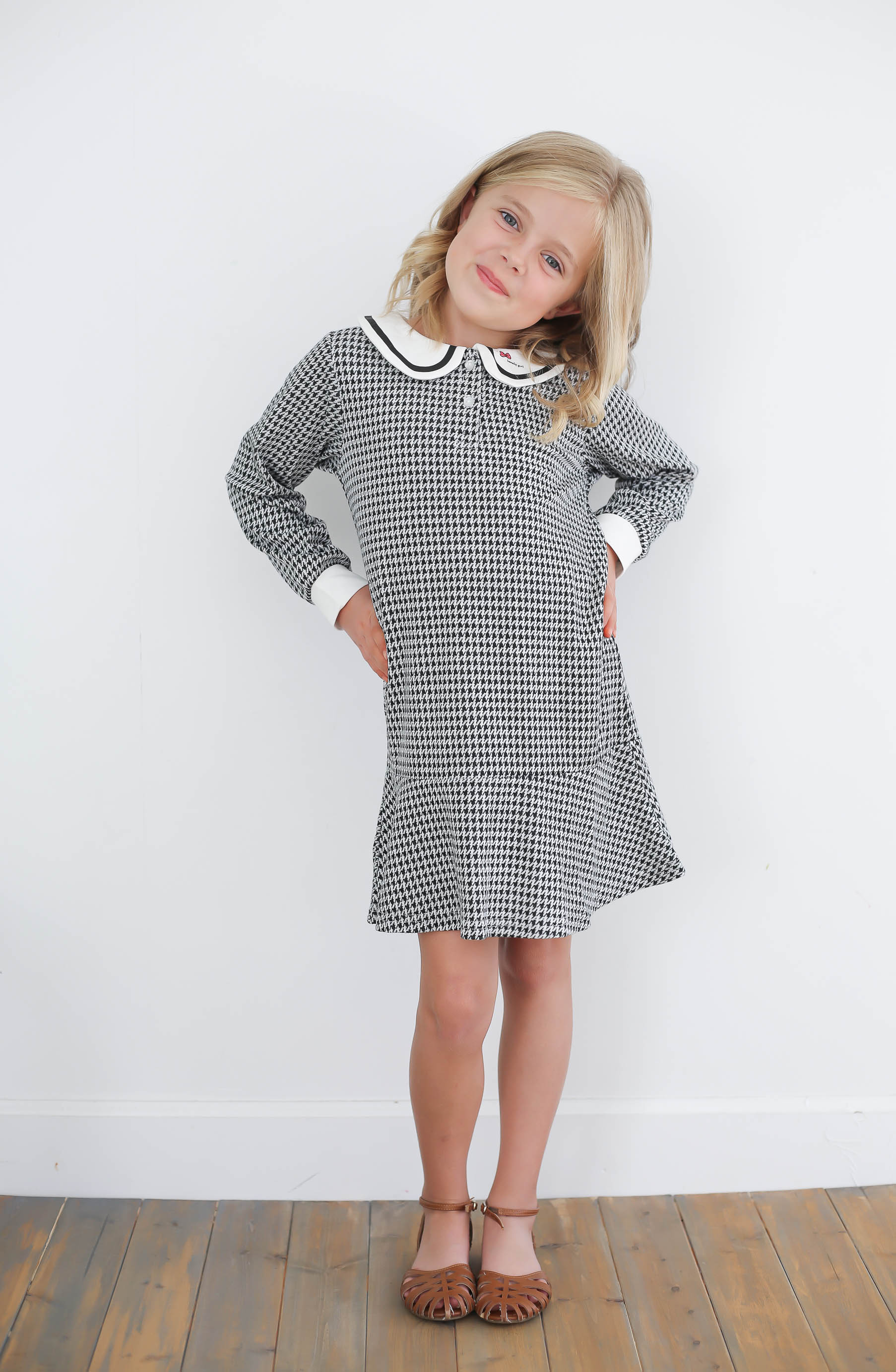 Girls' Classic Houndstooth Dress with Peter Pan Collar