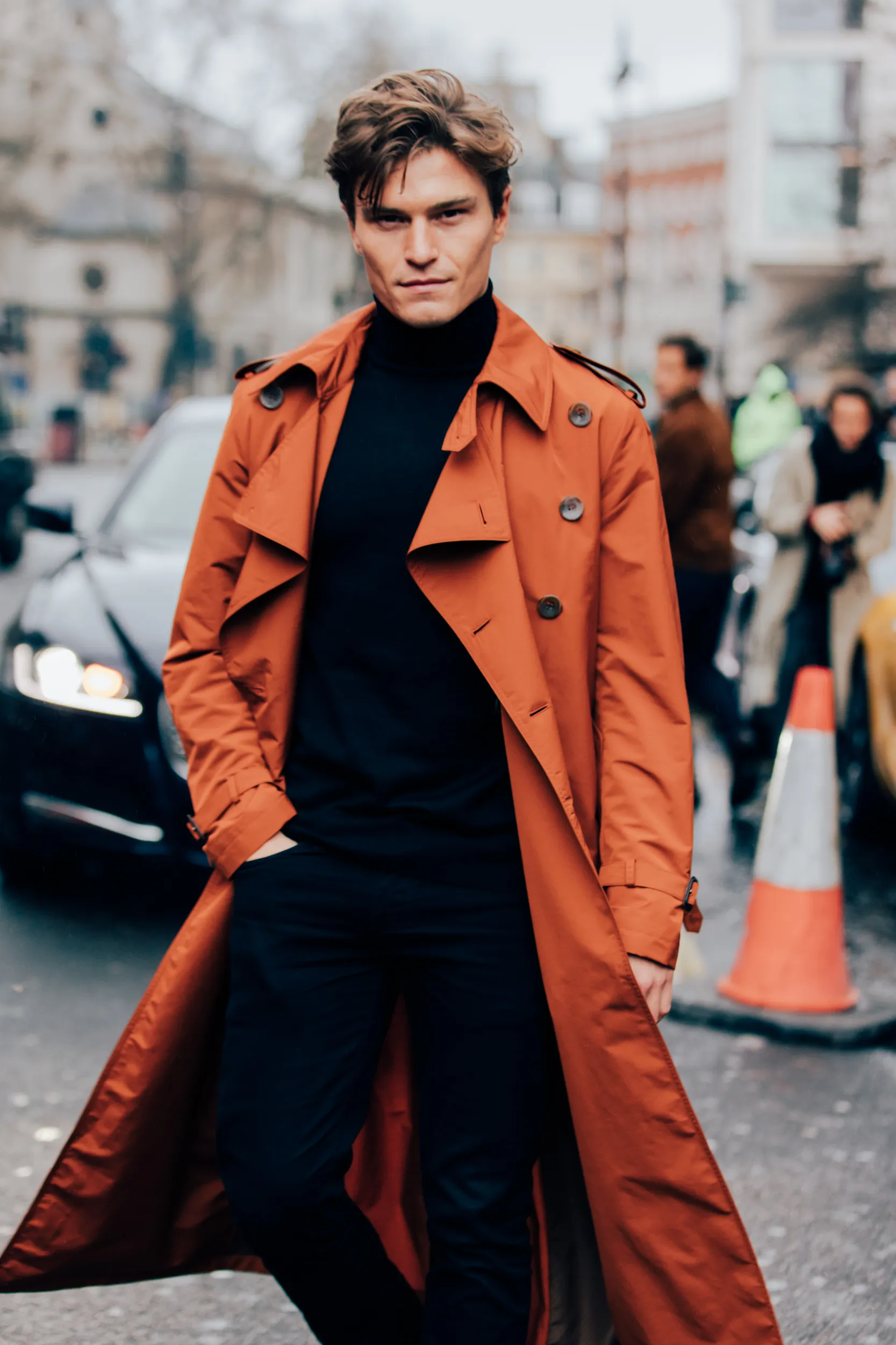 Men's Rust Trench Coat with Black Turtleneck Ensemble